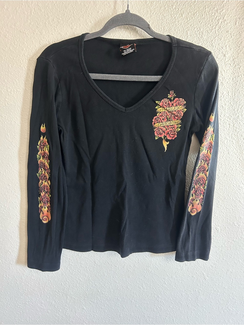 Vintage Y2K Harley Davidson Grunge Floral Vneck Long Sleeve Tshirt Womens L